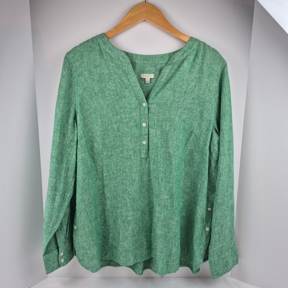 Talbots Green Linen Blend V Neck Long Sleeve Side Button Tunic Top L Coastal